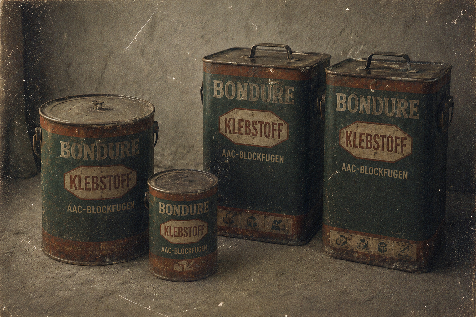 Vintage Bondure adhesive waste canisters in a production store